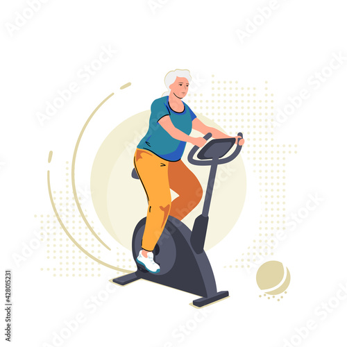 Elderly senior woman on exercise bike. Home workout training on stationary bicycle. Sport indoor retirement, active mature pensioner illustration. Cardio cycling person, isolated vector concept