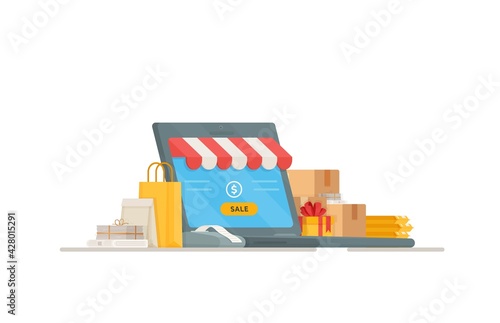 Vector illustration of the cash register. Shopping in a store. Shopping and payment. Online sales in the stores.