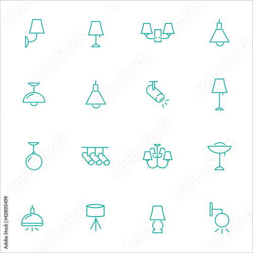 Simple Set of Lamps Related Vector Line Icons. Contains such Icons as Table Lamp, Floor Light, Spotlight and more. Editable Stroke.