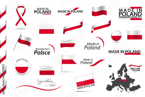 Big vector set of Polish ribbons, symbols, icons and flags isolated on a white background. Made in Poland, premium quality, Polish national colors. Set for your infographics and templates