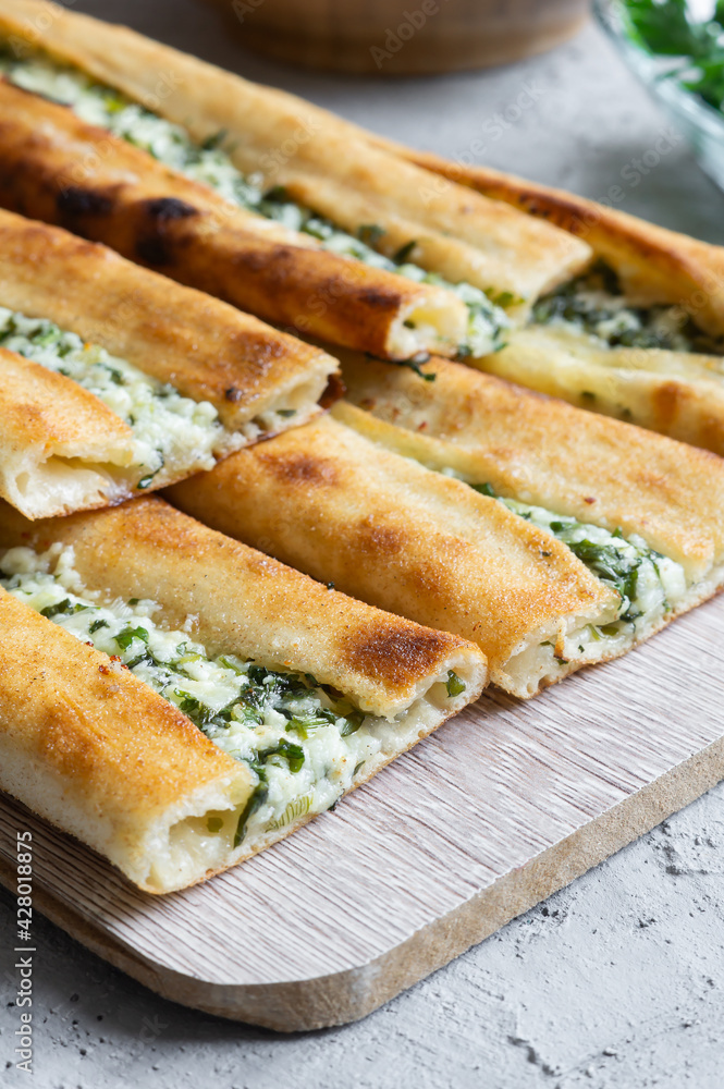 Traditional turkish food, pide with cottage cheese, turkish pastry concept