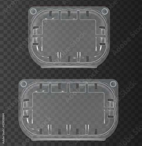 Two closed plastic containers on the transparent vector background. Big and small realistic empty polyethylene box for food, vegetables, fruits. Vector illustration on the dark transparent background.