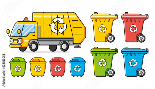 Garbage truck, trash can and recycling wheelie bin dumpster colors isolated set. Waste segregation management cartoon icons.