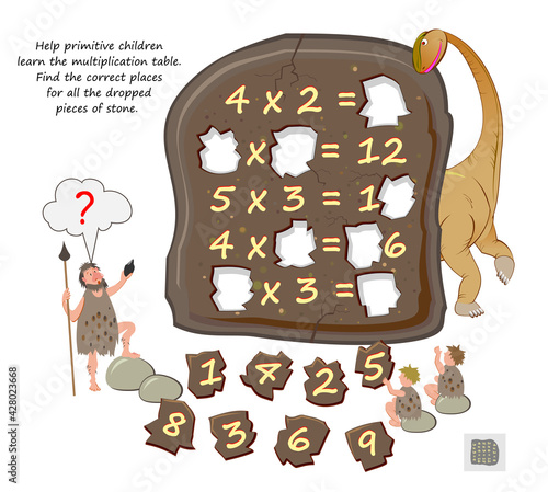 Help primitive children learn the multiplication table. Find the correct places for all the dropped pieces of stone. Logic puzzle game. Math education. Worksheet for kids school. Play online.