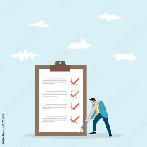 Checklist for work completion, review plan, business strategy or to do list for responsibility and achievement concept. Confident businessman holding pen after completed all tasks checklist.