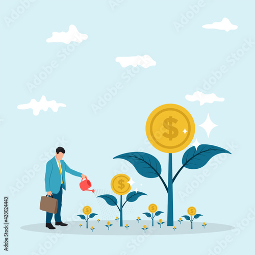 Plant money coin tree growth illustration for investment concept. Income salary rate increase concept with people character and dollar symbol. Business profit performance of return on investment ROI.