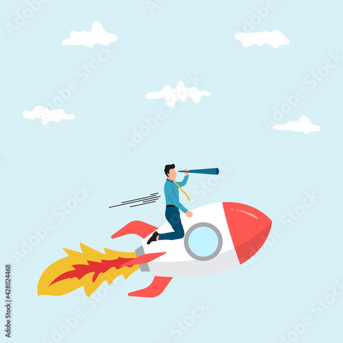 Entrepreneurship  startup vision or empowerment  leadership to see future vision and start business concept  smart confidence businessman manager open rocket window using telescope looking forward.