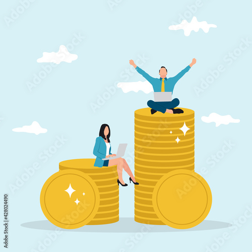 Financial consultants working on their laptop on the big stack of coins. Successful investor or entrepreneur. Financial consulting, investment and savings concept.