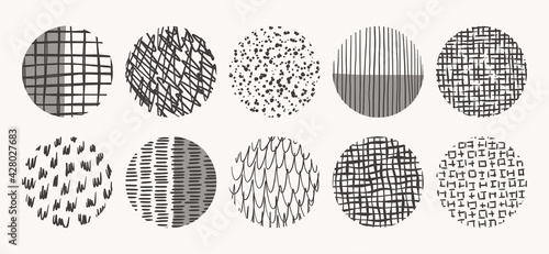 Vector circle textures made with ink, pencil, brush. Geometric doodle shapes of spots, dots, circles, strokes, stripes, lines. Set of hand drawn patterns. Template for social media, posters, prints.