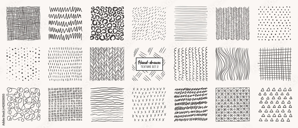 Set of hand drawn patterns isolated. Vector textures made with ink, pencil, brush. Geometric doodle shapes of spots, dots, circles, strokes, stripes, lines. Template for social media, posters, prints.