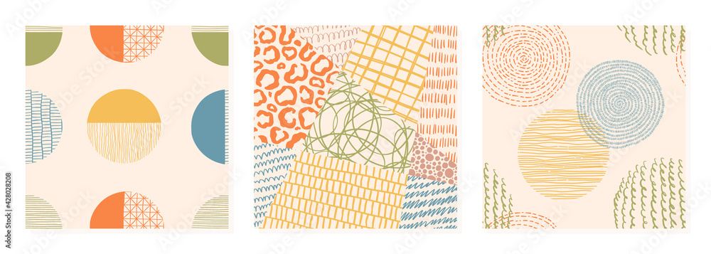 Set of vector seamless hand drawn pattern made with ink, pencil, brush. Geometric doodle shapes of spots, dots, strokes, stripes, lines. Trendy color template for social media, posters, prints. Set of vector seamless hand drawn pattern made with ink, pencil, brush. Geometric doodle shapes of spots, dots, strokes, stripes, lines. Trendy color template for social media, posters, prints.