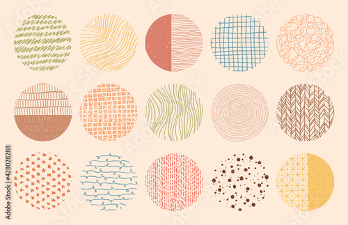 Vector colorful circle textures made with ink, pencil, brush. Geometric doodle shapes of spots, dots, strokes, stripes, lines. Set of hand drawn patterns. Template for social media or posters.