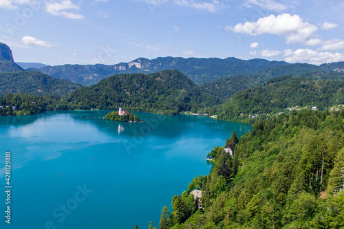 View over the cristal blue Bled lake during sunny summer day in Slovenian mountains.  © BridgeToHorizon