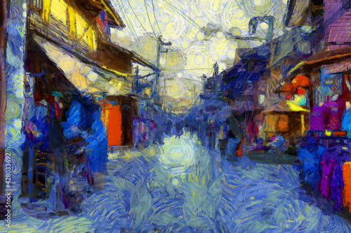 Landscape of an ancient trading village in Thailand Illustrations creates an impressionist style of painting. © Kittipong