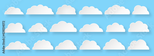 White paper cut vector cloud set. Clouds cartoon symbols on blue background with shadow for web site design, logo, app. Bubble icon collection for infographic design. Label and stickers