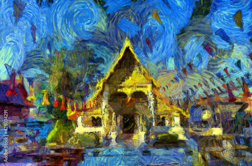 Landscape of ancient temples in Thai villages Illustrations creates an impressionist style of painting. © Kittipong