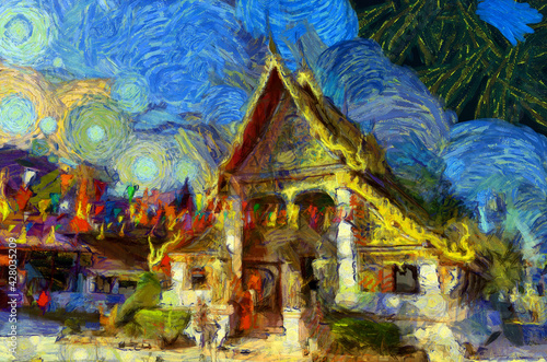 Canvas Print Landscape of ancient temples in Thai villages Illustrations creates an impressionist style of painting