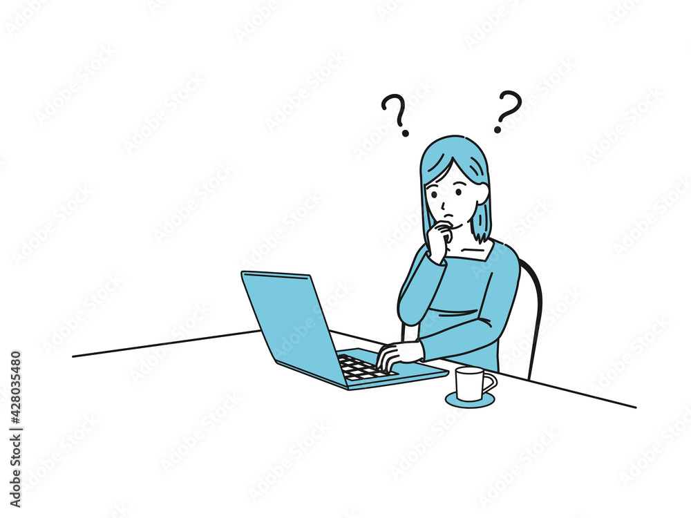 パソコンを使う若い女性 疑問 考える 検索 調べる イラスト素材 パソコンを使う若い女性 疑問 考える 検索 調べる イラスト素材