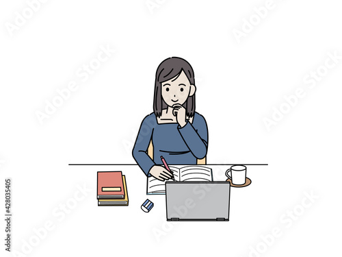 勉強する大学生　若い女性　資格の勉強　イラスト素材