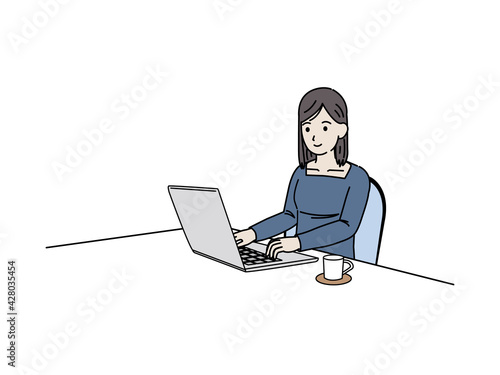 パソコンを使う若い女性　テレワーク　ネットサーフィン　イラスト素材