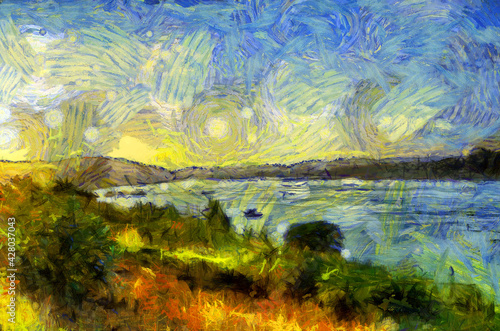 Landscape of the Mekong River in the time of Twilight Illustrations creates an impressionist style of painting. © Kittipong