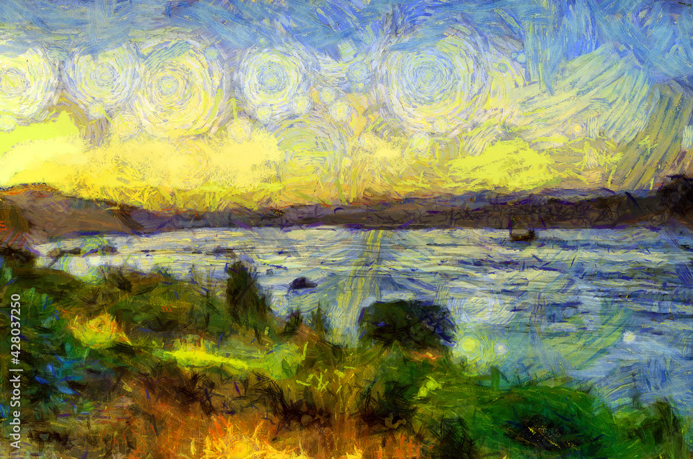 Landscape of the Mekong River in the time of Twilight Illustrations creates an impressionist style of painting.