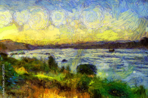 Landscape of the Mekong River in the time of Twilight Illustrations creates an impressionist style of painting. © Kittipong