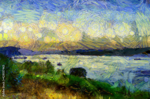 Landscape of the Mekong River in the time of Twilight Illustrations creates an impressionist style of painting.