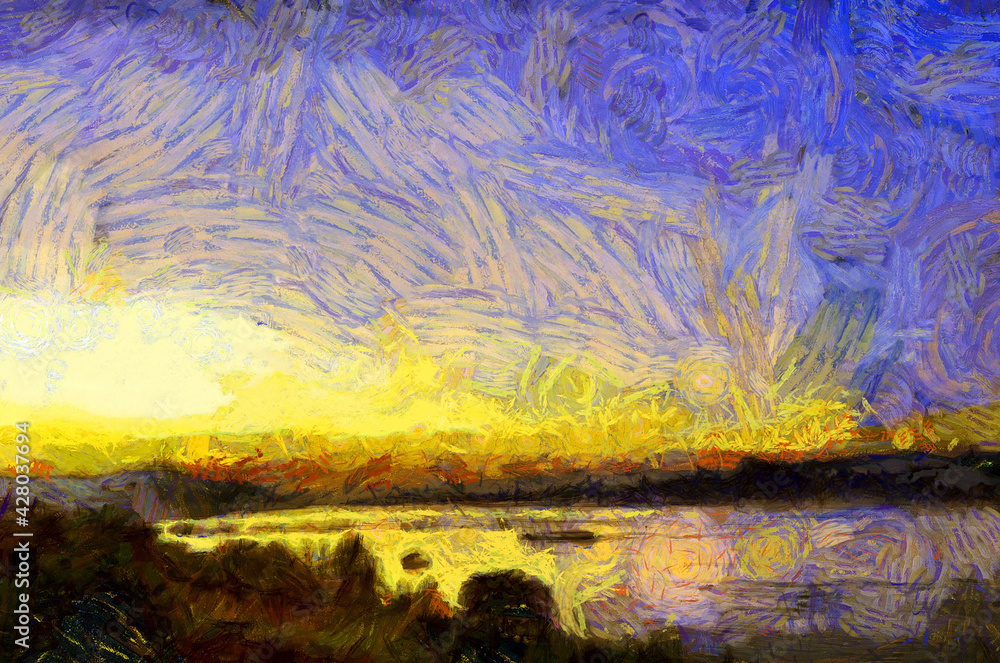 Landscape of the Mekong River in the time of Twilight Illustrations creates an impressionist style of painting.