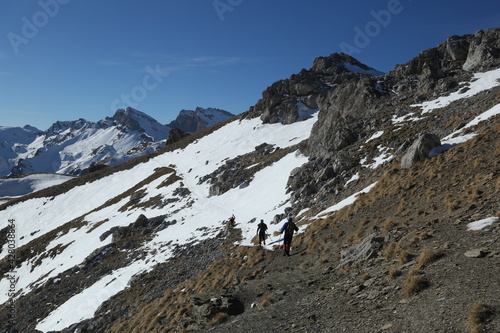 Mountaineers climbing Mount Korab at Mavrovo National Park in Macedonia. Mount Korab on Macedonia-Albania border and highest mountain of both countries.