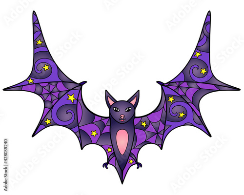 Bat - vector linear color illustration. Halloween illustration with flying fox flying up - multicolored stained glass window or batik. Mosaic with a bat spreading its wings.