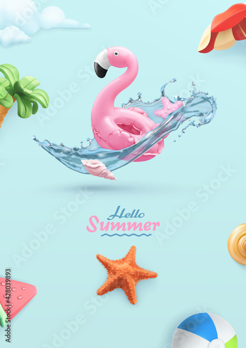 Hello summer background. 3d vector realistic illustration. Flamingo inflatable toy, starfish, water splash