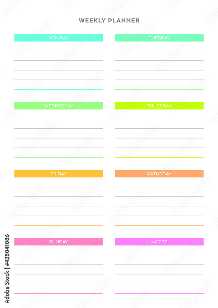 Weekly planner document template illustration. Diary, scheduler, planner template. Weekly planner document template illustration. Diary, scheduler, planner template.