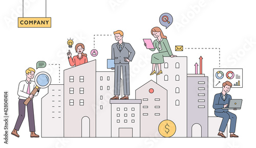 Real estate managers. Business fiddles are working around high-rise buildings. flat design style minimal vector illustration.