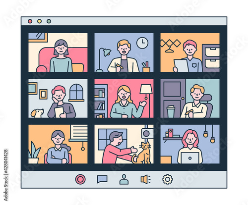 People having video meetings in their own homes. flat design style minimal vector illustration.