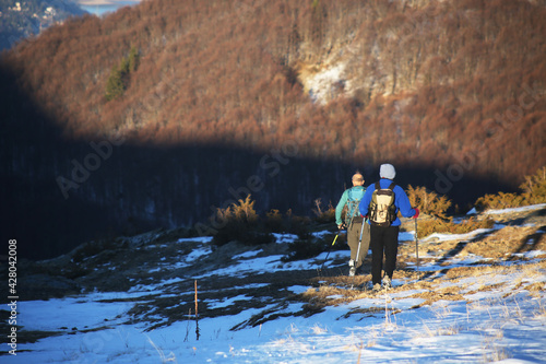 Mountaineers walking at Bistra Mountains in Mavrovo National Park, Macedonia.