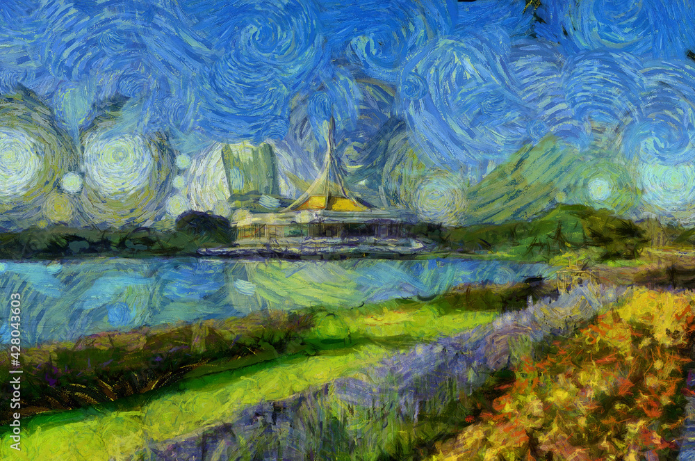 Park landscape Illustrations creates an impressionist style of painting.