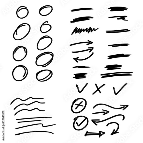 Doodle vector arrows and design elements. Hand drawn set of icons, frames, borders, arrows in cartoon style. Elements for infographics.