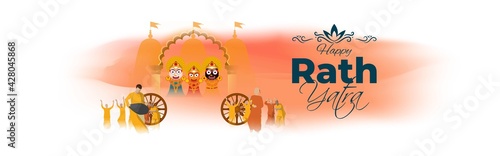 vector illustration for Indian festival Rath Yatra means Chariot Festival. Illustration with temple on chariot with wheel and shiny background with confetti, peoples are celebrating the festival.