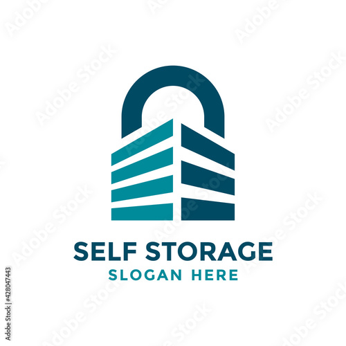 Self storage logo design template. Safe storage garage vector illustration. With concept of padlock and garage symbol combination.