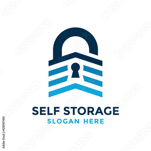 Self storage logo design template. Safe storage garage vector illustration. With concept of padlock and garage symbol combination.