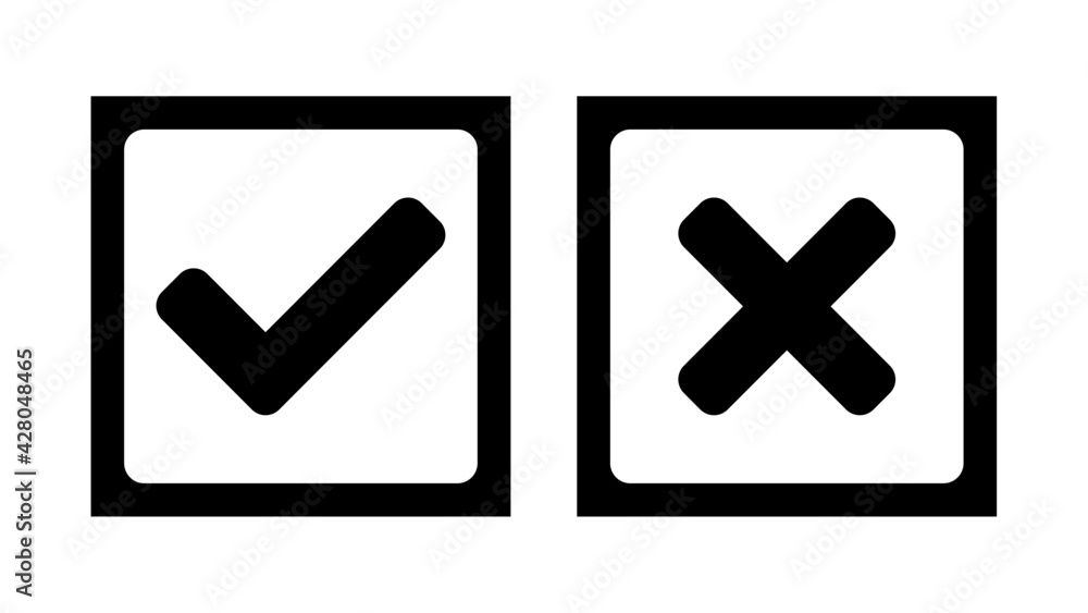 Yes and No or Right and Wrong or Approved and Declined Icons with Check Mark and X Signs in Squares. Vector Image. Yes and No or Right and Wrong or Approved and Declined Icons with Check Mark and X Signs in Squares. Vector Image.