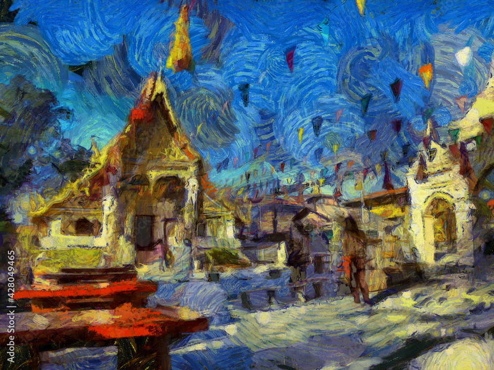Fototapeta premium Landscape of ancient temples in Thai villages Illustrations creates an impressionist style of painting.