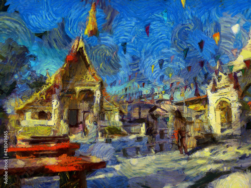 Landscape of ancient temples in Thai villages Illustrations creates an impressionist style of painting. © Kittipong
