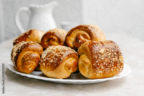 Vanilla buns with Seville orange marmalade and streusel photo