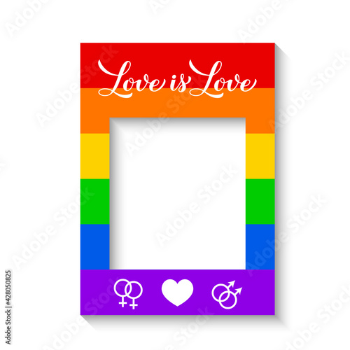 LGBT photo booth frame isolated on white. Rainbow photobooth props. LGBTQ community party decorations. Love is love. Vector template