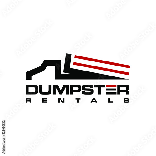 Dumpster rental logo line vector red container truck symbol fast delivery suitable for industrial or business company service template
