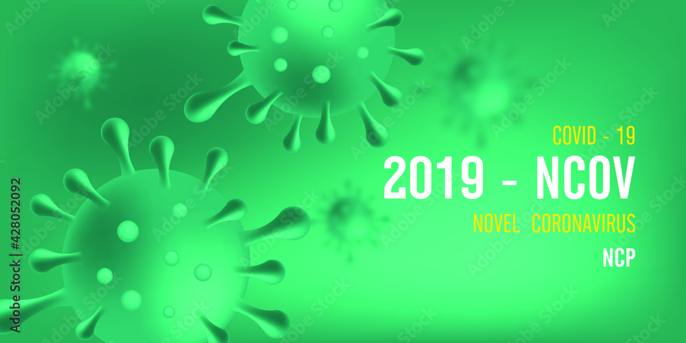 Novel Coronavirus (2019-nCoV). Virus Covid 19-NCP. Coronavirus nCoV denoted is single-stranded RNA virus. Background with realistic 3d green virus cells. Horizontal banner, poster, header for website