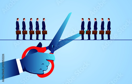 Two groups of businessmen standing on the rope, scissors cut the rope