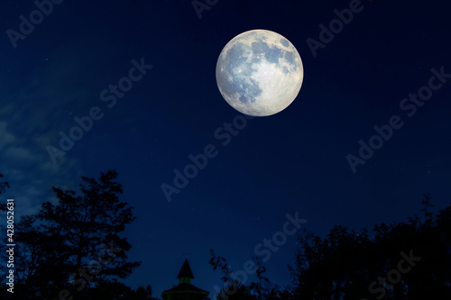 大きな満月が夜の公園を照らす